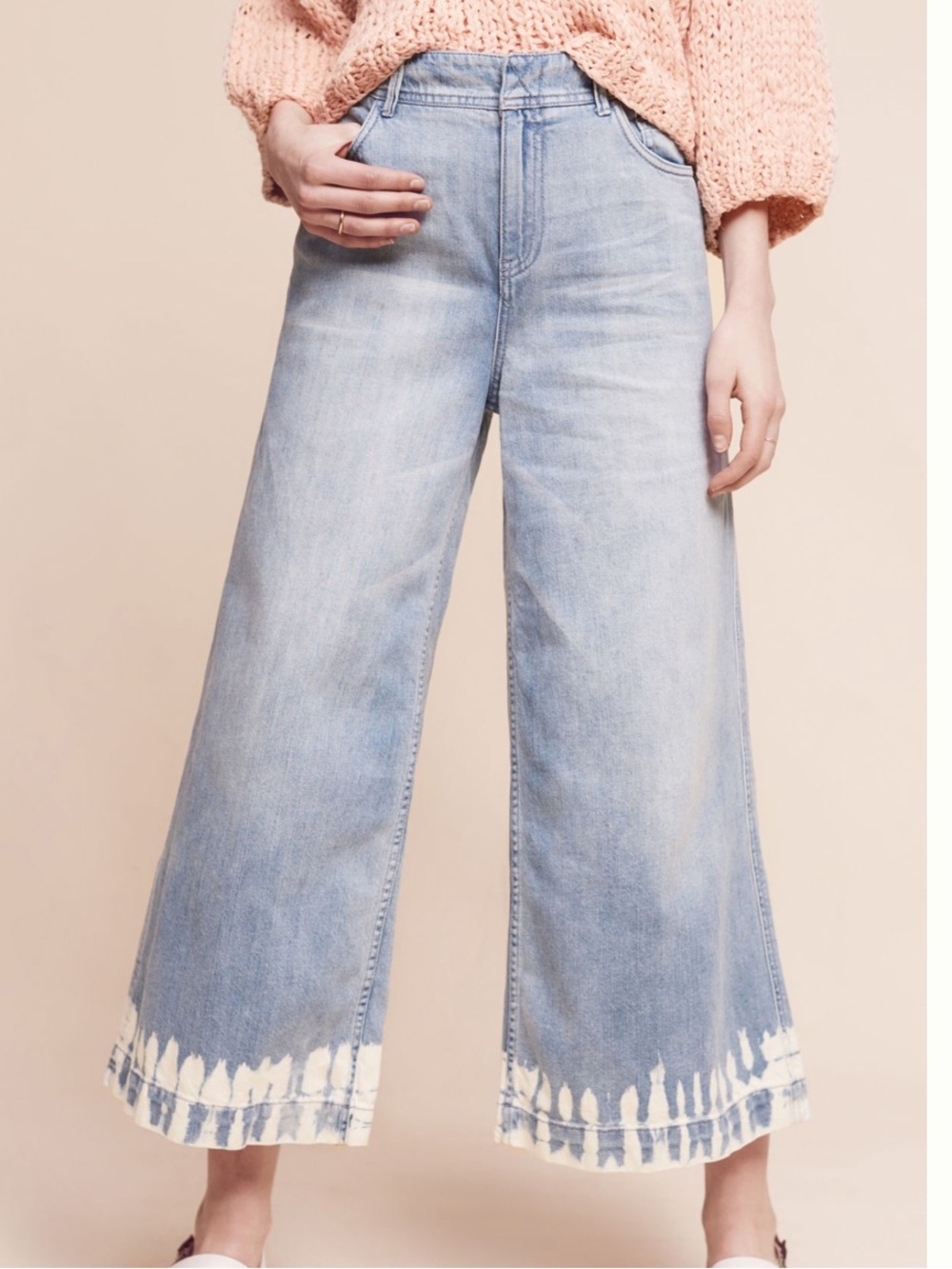 Anthropologie Pilcro Wide Leg Culotte Washed Blue Jeans with Bleach Hem 27